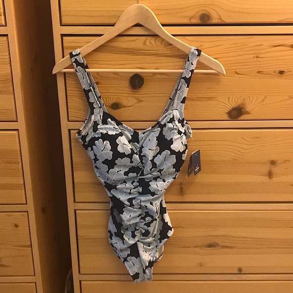 NWT Jantzen Floral Navy and Light Blue One Piece Swimsuit Size 10